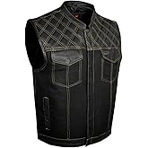 GARGOYLE BELLS Men's Denim & Leather Motorcycle Vest with Gun Pockets SOA Biker Club Vest with Diamond Padding For Riding