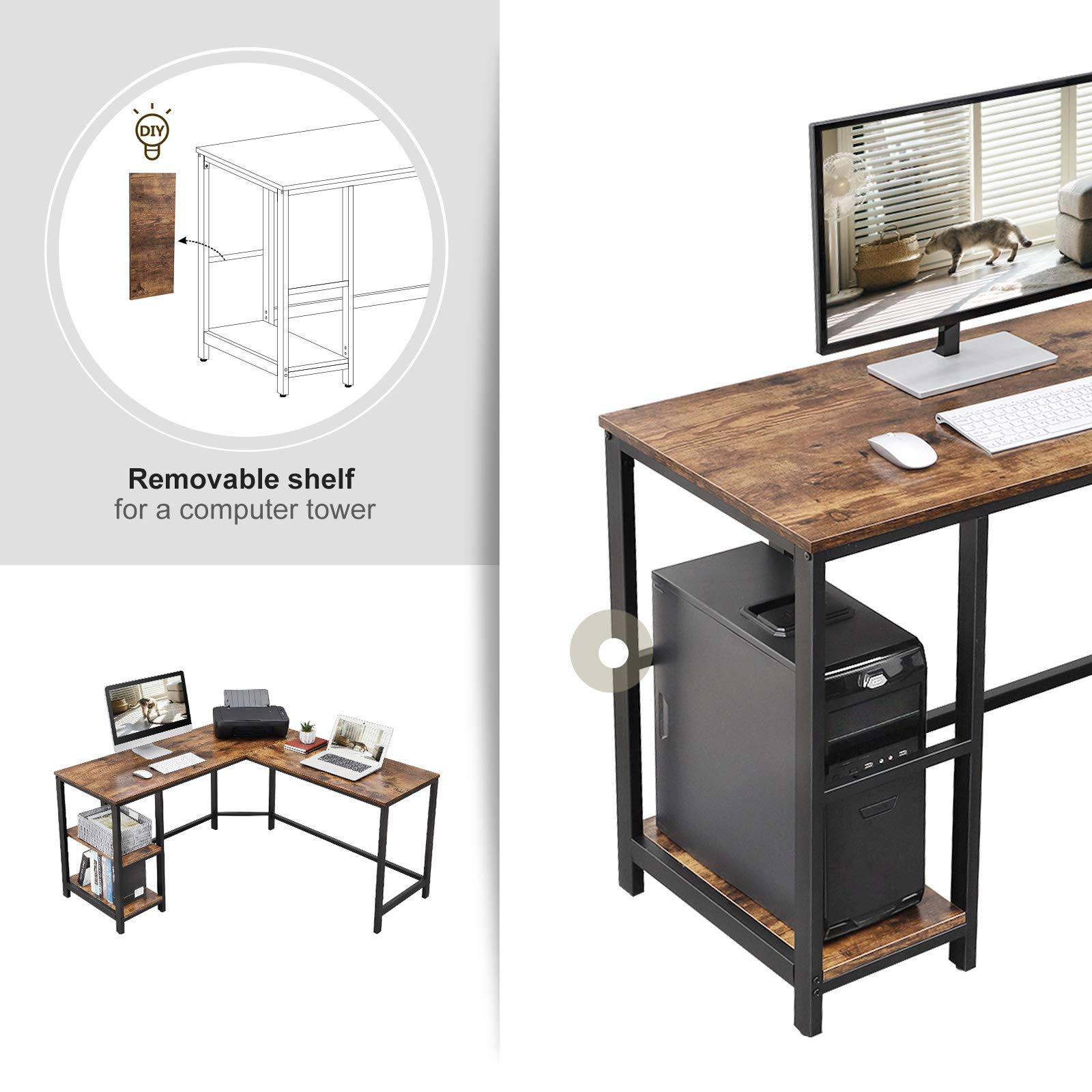 VASAGLE Computer Corner Desk, L-Shaped Writing Workstation, Gaming Desk with Shelf for Home Office, Space-Saving, Easy to Assemble, Rustic Brown ULWD72X