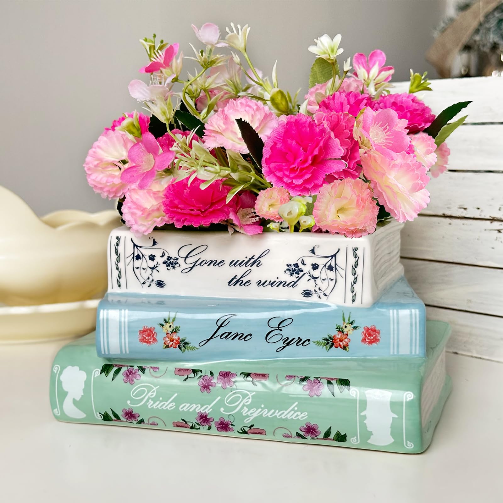 Scuyari Small Book-Shaped Decorative Planter - Ceramic Book Vase for Flowers Cute Bookshelf Home Bedroom Office Decor - Unique Planters Classic Titles Bookstack for Book Lovers Women
