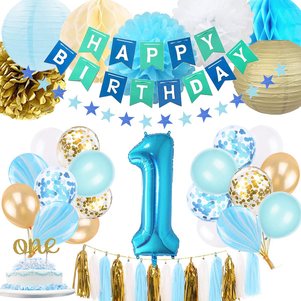 SZHUIHER 1st Birthday Boy Decoration, Baby Boys First Birthday Decoration with Number 1 Birthday Balloon, Happy Birthday Banner for Blue and Gold Party Supplies Decoration 1st birthday