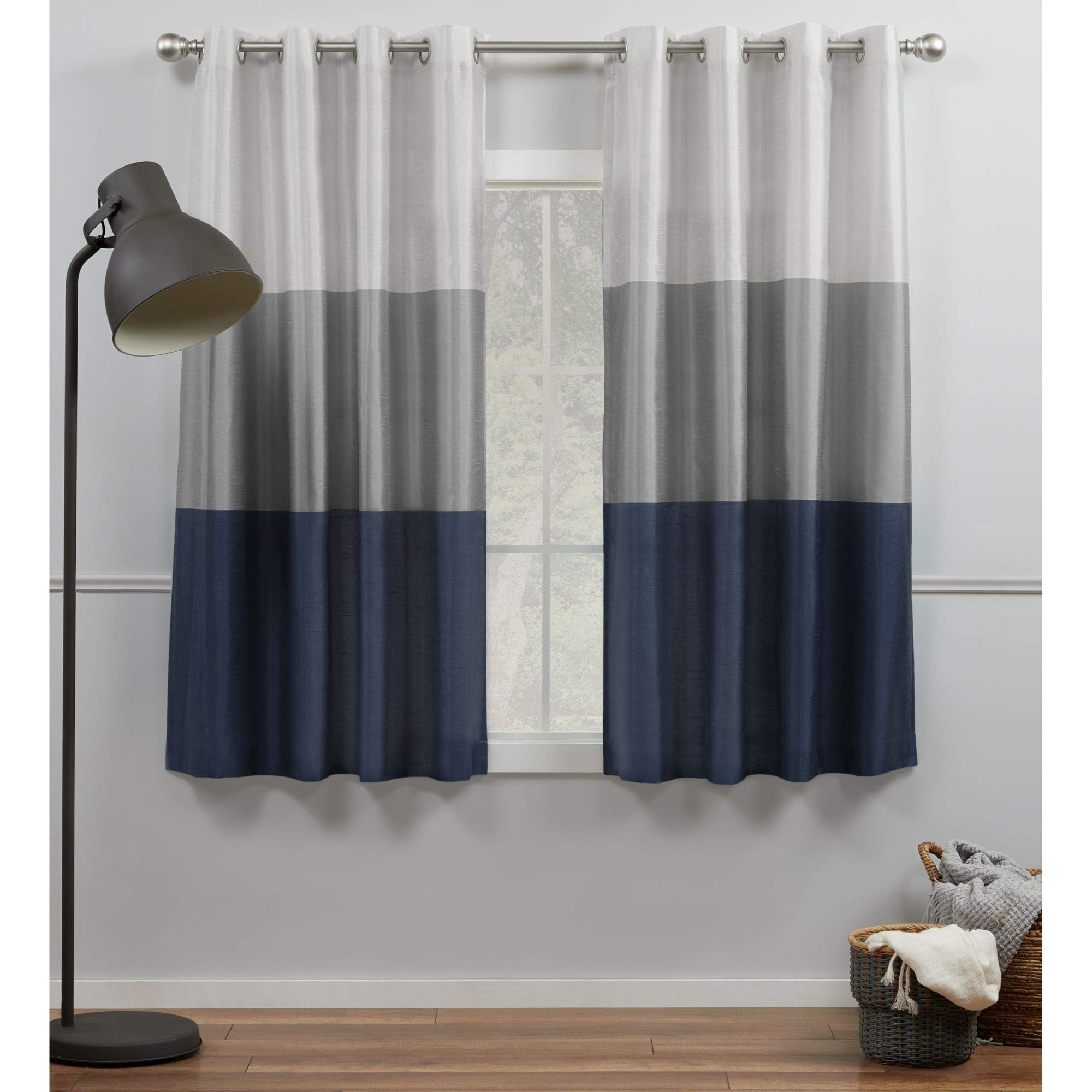 Exclusive Home Curtains Chateau Striped Faux Silk Grommet Top Curtain Panel Pair, 54″x63″, Navy/Grey