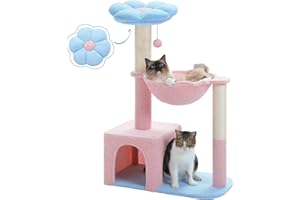 MUTTROS Flower Cat Tree with Large Metal Frame Hammock, 35" Pink Cat Tower with Sisal Scratching Posts for Small Indoor Cats, Cat Condo with Blue Top Perch for Kittens, Fluffy Ball, Pink