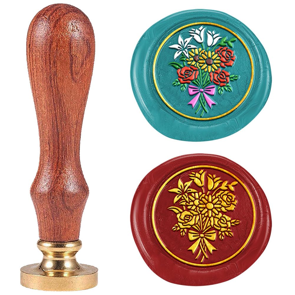 DELORIGIN Bouquet Wax Seal Stamp Removable 1" Brass Sealing Wax Stamp Head with Wooden Handle Vintage Embossed Stamp for Envelope Greeting Card Letter Wedding Invitations Wine Gift Wrapping Decor