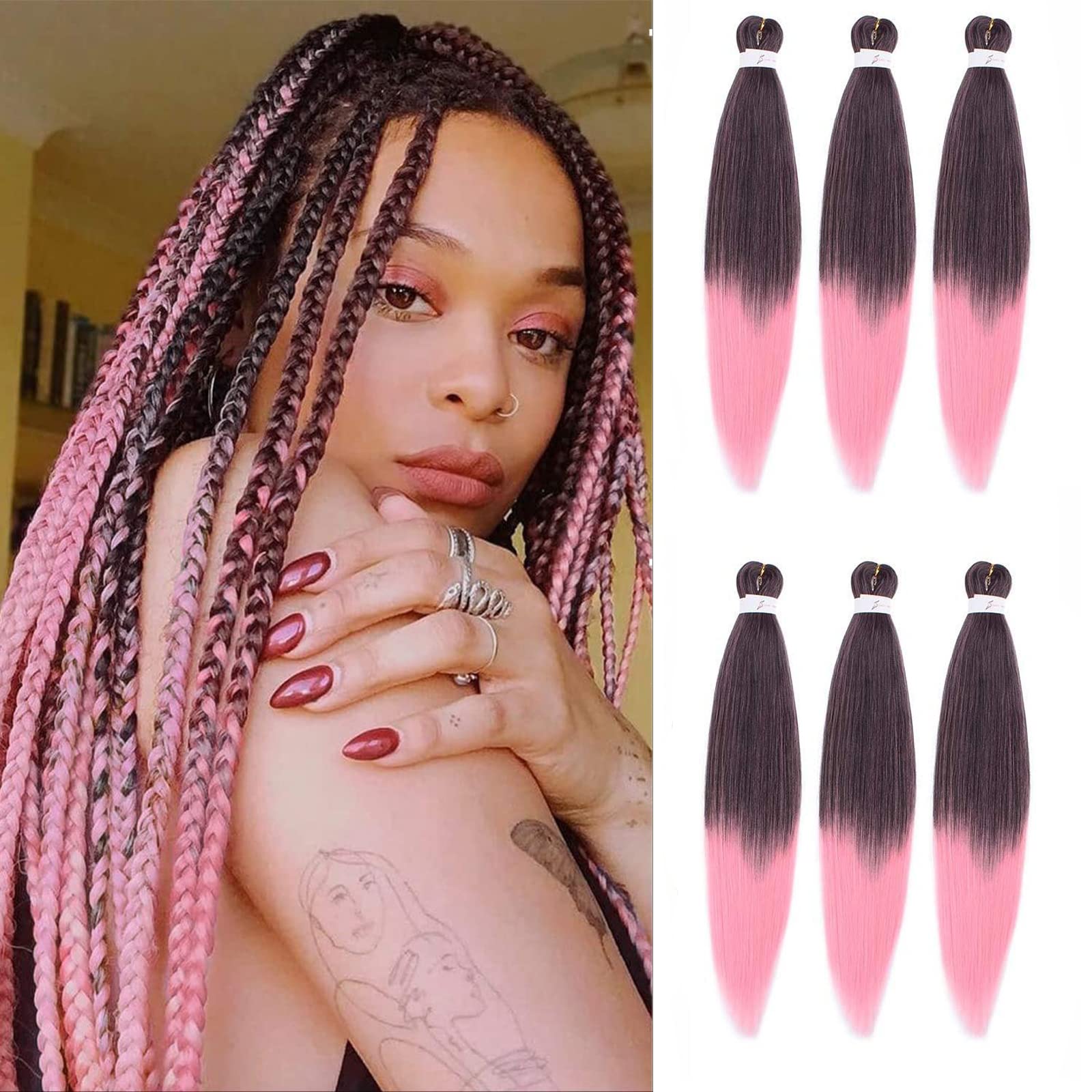 DT CHERYL Pre Stretched Braiding Hair,6 Pack Pink Braided Hair extension 26 inches Synthetic EZ Braid Hot Water Styling Braid Yaki Texture Pre-stretched Hair for Braiding Braids 1B-Pink
