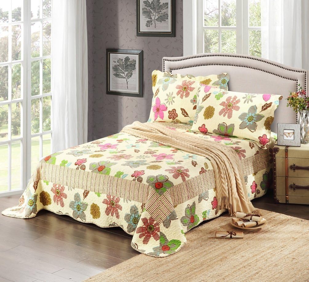 Tache Home Fashion CD 1468-Queen Tache 3 Piece Floral Rainbow Blooms Reversible Bedspread Set, Queen