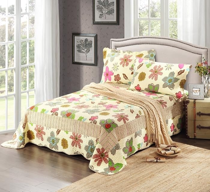 Tache Home Fashion CD 1468-Queen Tache 3 Piece Floral Rainbow Blooms Reversible Bedspread Set, Queen