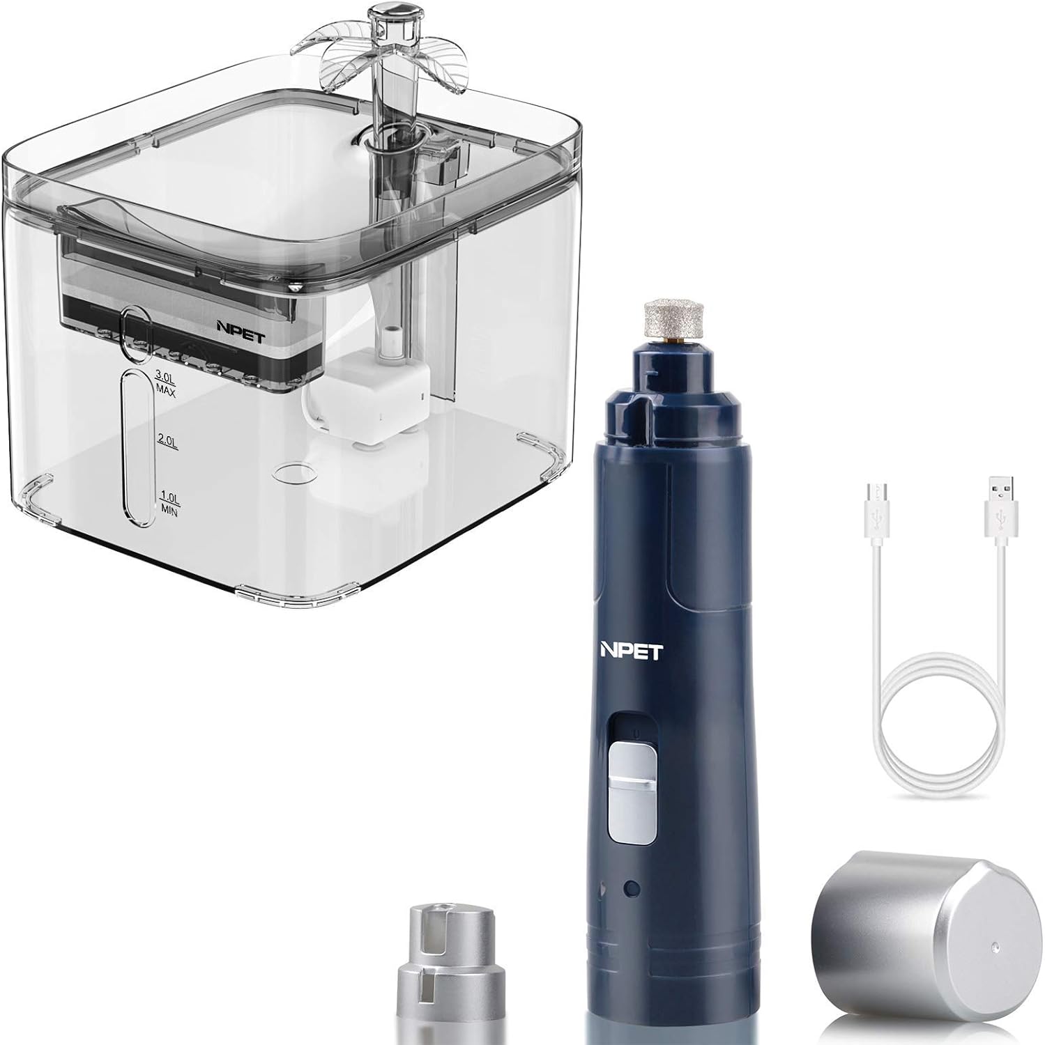 NPET 3L Clear Cat Water Fountain and Rechargeable 2 Speed