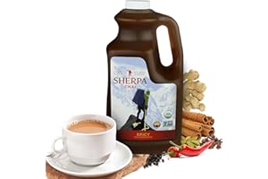 Sherpa Chai Spicy Organic Chai Tea Concentrate, 64 oz - Himalayan Black Tea Concentrate w/Freshly Pressed Ginger - Authentic Recipe Brewed by Nepali Sherpas - Chai Tea Gift for Latte Tea Lovers