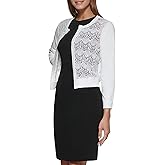 DKNY womens Long Sleeve Jewel Neck Scalloped Lace Open Front Waist Length Shrug