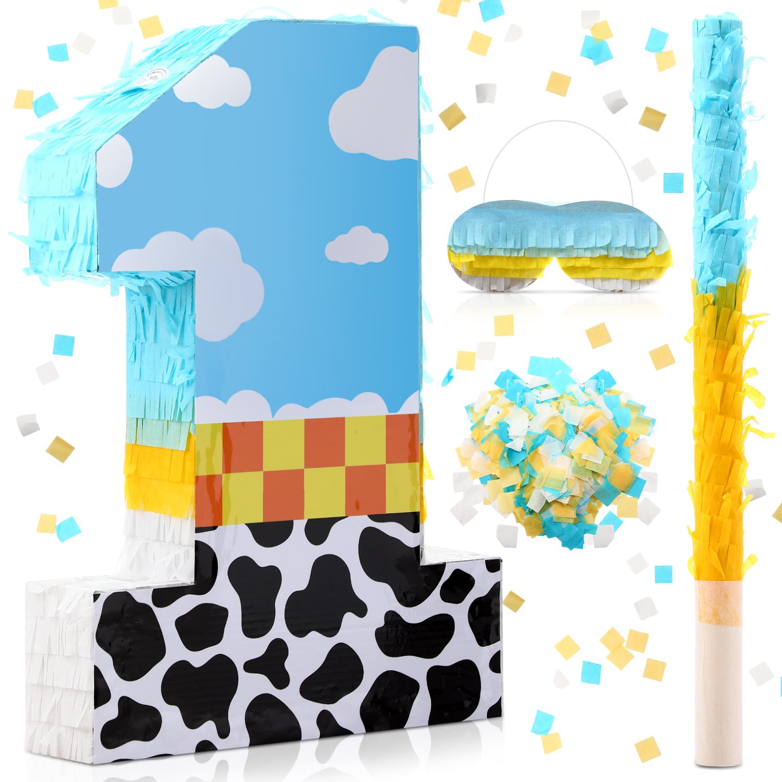 Photo 1 of Poen Cow Number Piñata Birthday Decorations Toy Inspire Game Cow Birthday Piñata with Stick Blindfold and Confetti Blue Sky and White Cloud Candle for Party Decor(Number 1)