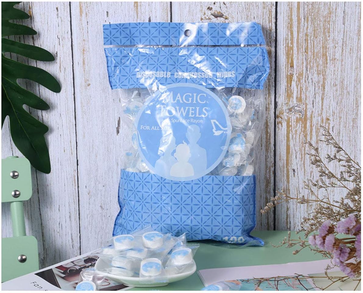 WUWE 100PCS Disposable Portable Compression Face Towel， Compressed Magic Towel, Napkin Tissue, Camping Wipes, Coin Tissue