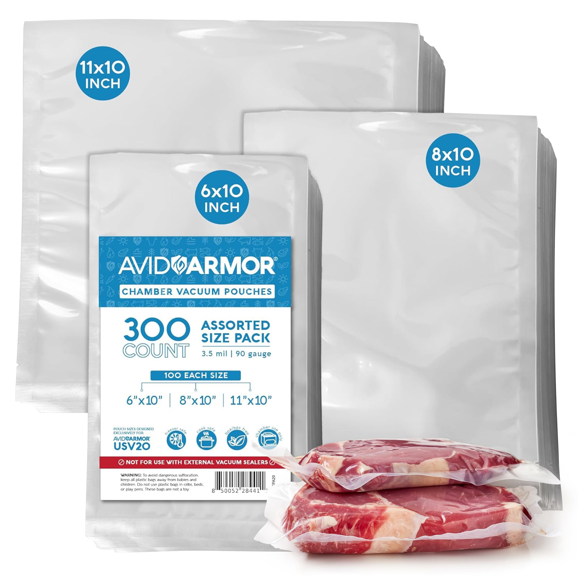 Photo 1 of Avid Armor – Chamber Machine Pouches 3.5mil, Pre-Cut Chamber Vacuum Sealer Bags, Heavy Duty Seal Pouch, BPA-Free Chamber Sealer, Assorted Size Pack, 6"x10", 8"x10", 11"x10" - Pack of 300