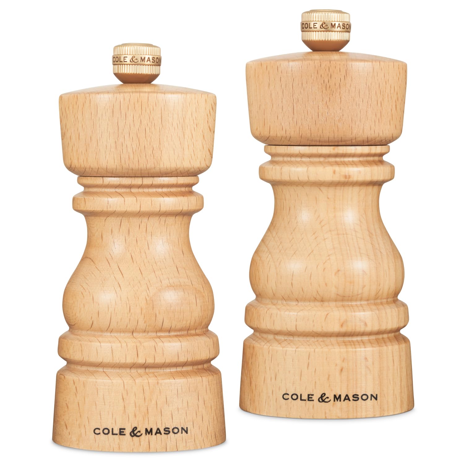 Cole & Mason London Natural Beech Salt and Pepper Mill Set, 130mm, Precision+ Carbon/Ceramic Mechanisms, Salt and Pepper Grinders with Adjustable Grind, Beech Wood, Gift Set
