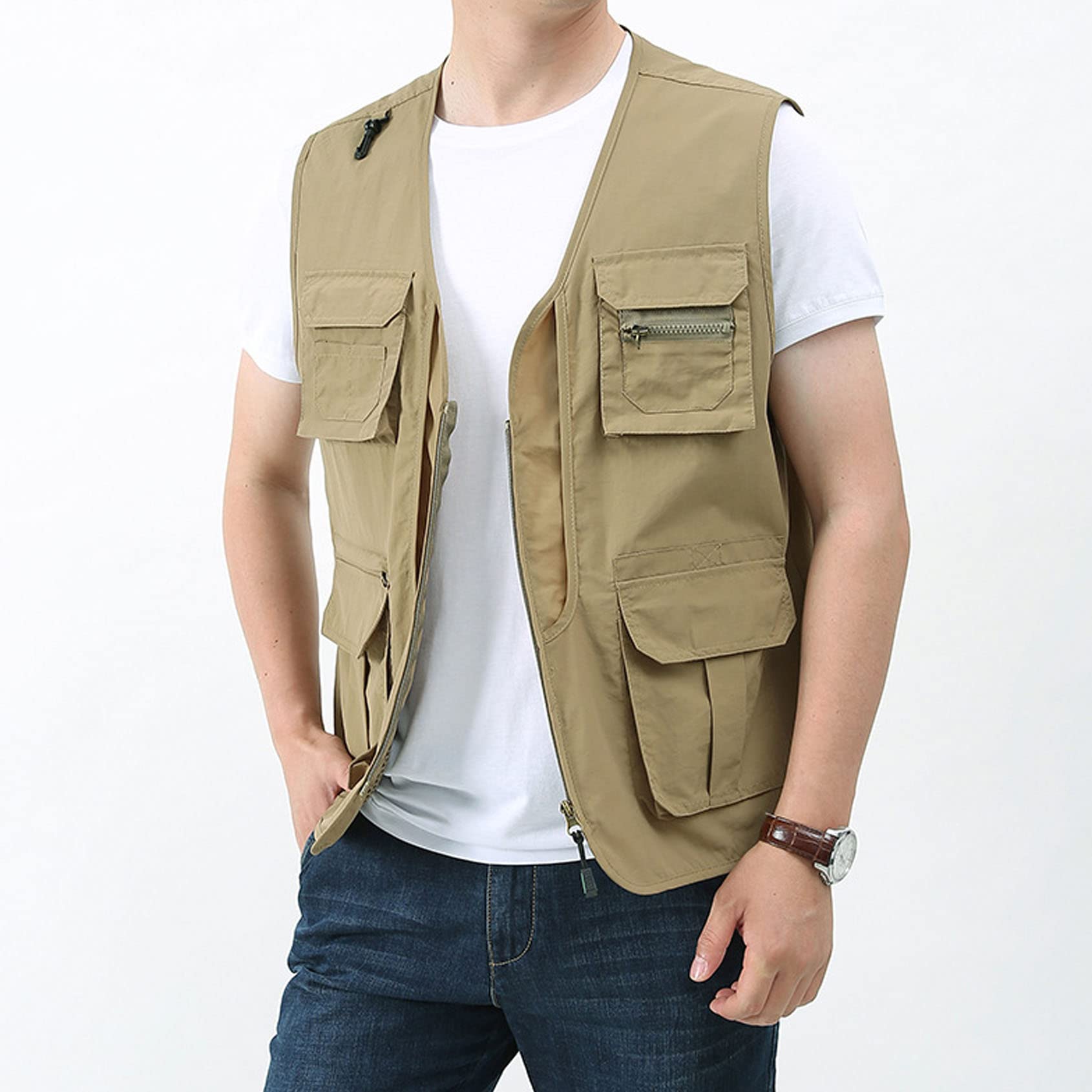 Perbai Men's Black Utility Fishing Vest Outdoor Summer Lightweight Work Photo Safari Cargo Vest