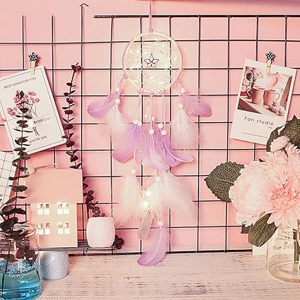 Fancyku Feather Dream Catcher with LED Lights Circular Net for Kids Bed Room Wall Hanging Decoration Decor Ornament Craft (Purple)