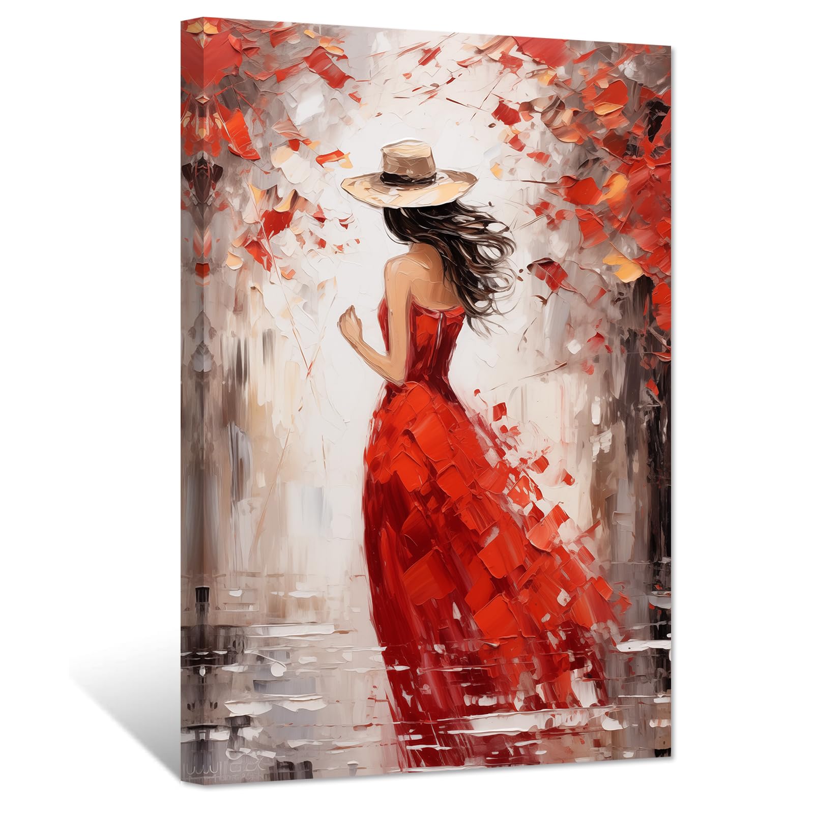 ZXHYWYM Abstract Girl Painting Prints Woman in Red Dress Canvas Pictures Elegant Artwork for Girls Room Bedroom Wall Decor Framed(Red, (12.00" x 18.00"))