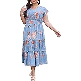 Keluummi Plus Size Summer Maxi Wedding Guest Dress for Curvy Women, Casual Boho Flutter Sleeve Long A Line Sundress, Pockets