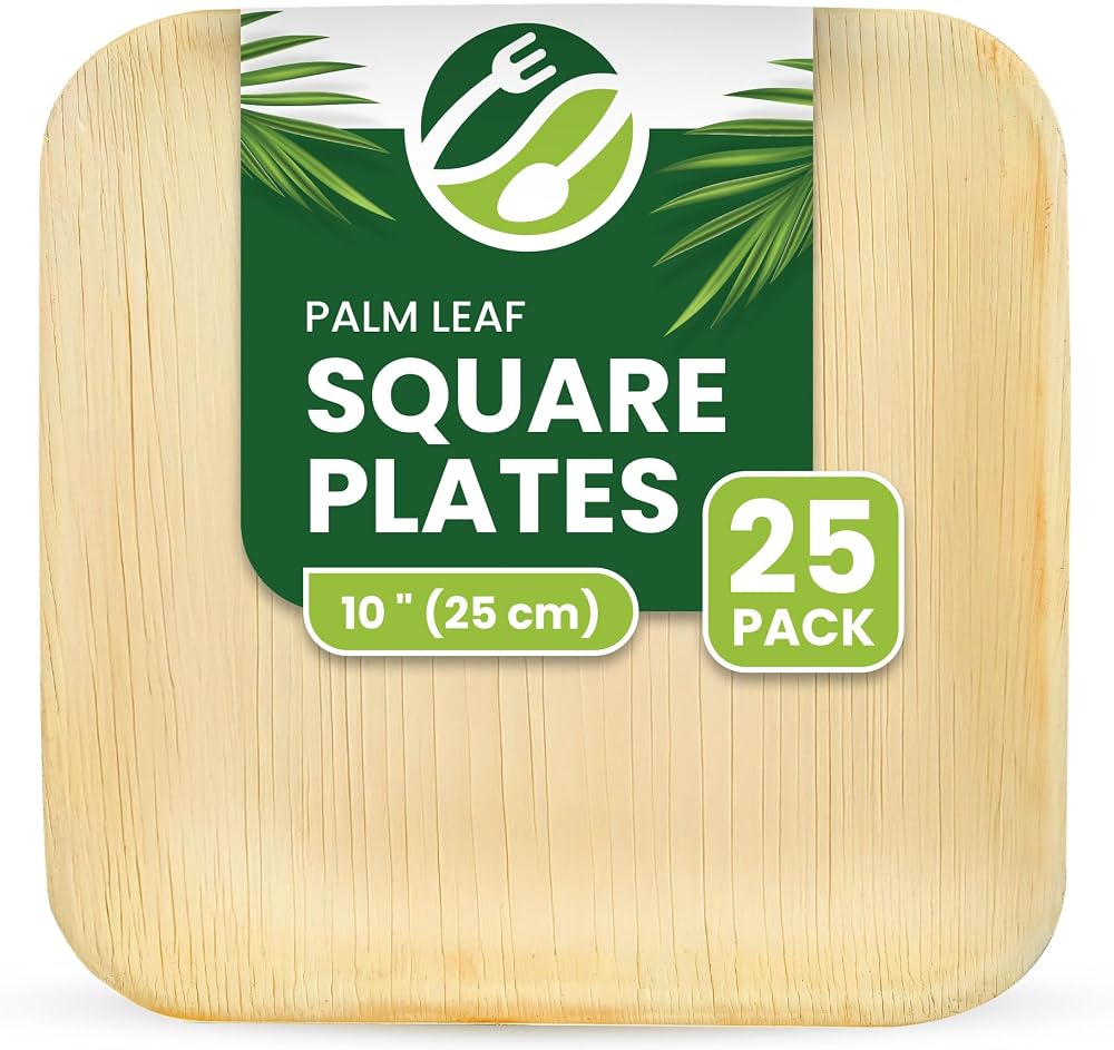 Eco Leaf 25 Disposable Palm Leaf Plates 10in Large Square Oven Safe Eco