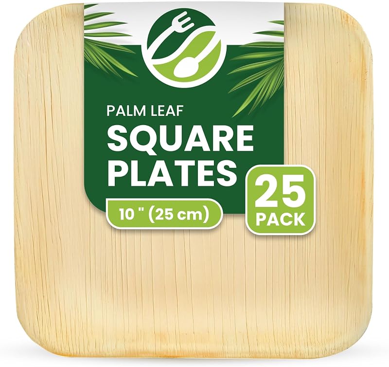 Eco Leaf 25 Disposable Palm Leaf Plates 10in Large Square Oven Safe Eco