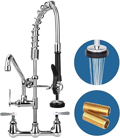 Wall Mount Commercial Faucet With Pre Rinse Pull Down Sprayer