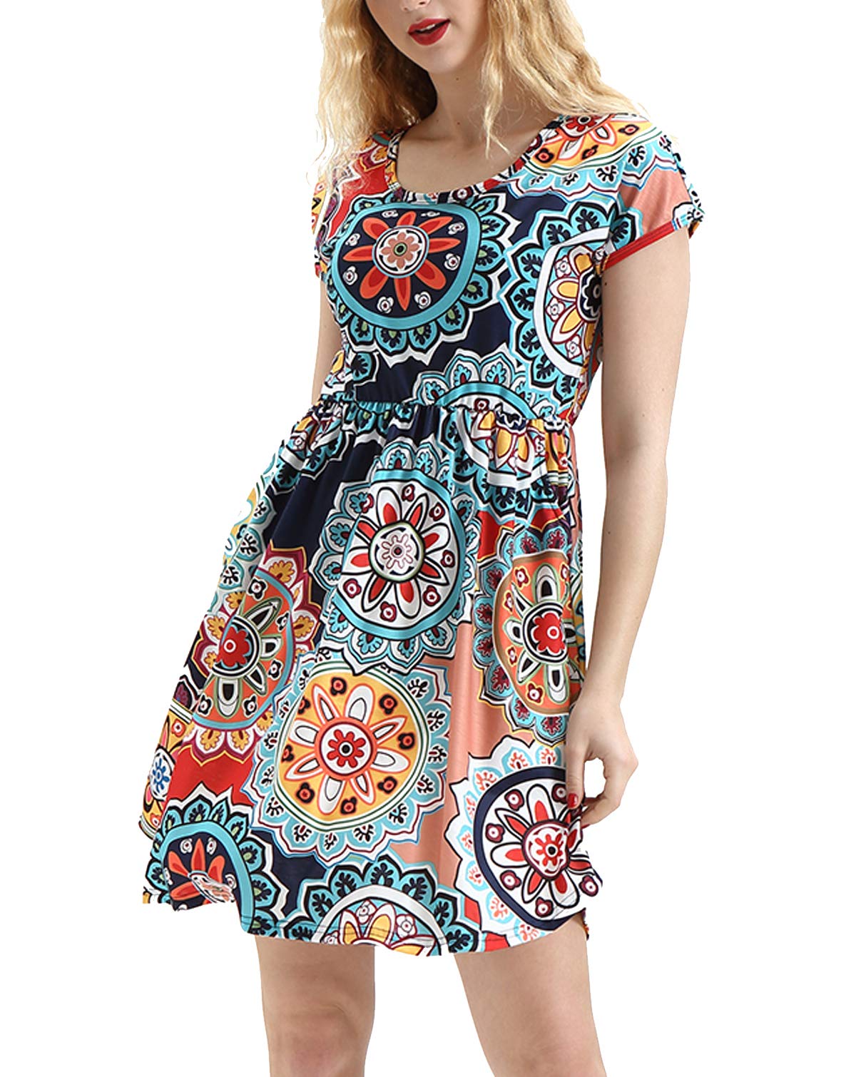 HUALAIMEI Women\'s Short Sleeve Floral Printed Long Tunic Casual Midi Dresses