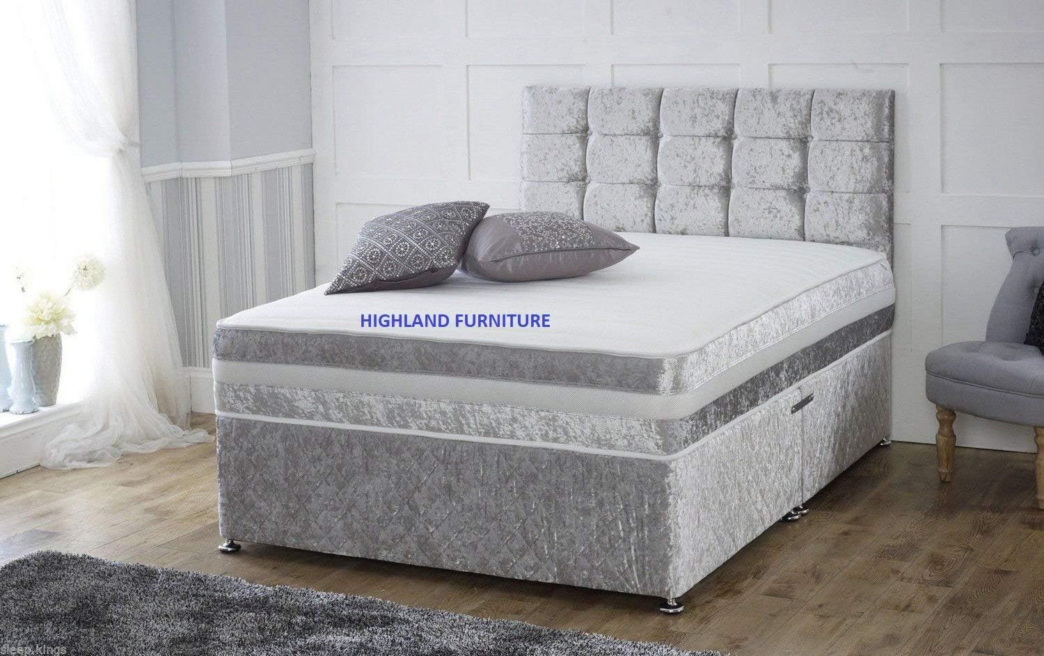 Highland Furniture Silver Crushed Velvet 2 Drawer Storage Divan Bed and Memory Sprung Mattress Matching Headboard Included– Available in all UK Standard sizes (4FT6 DOUBLE)