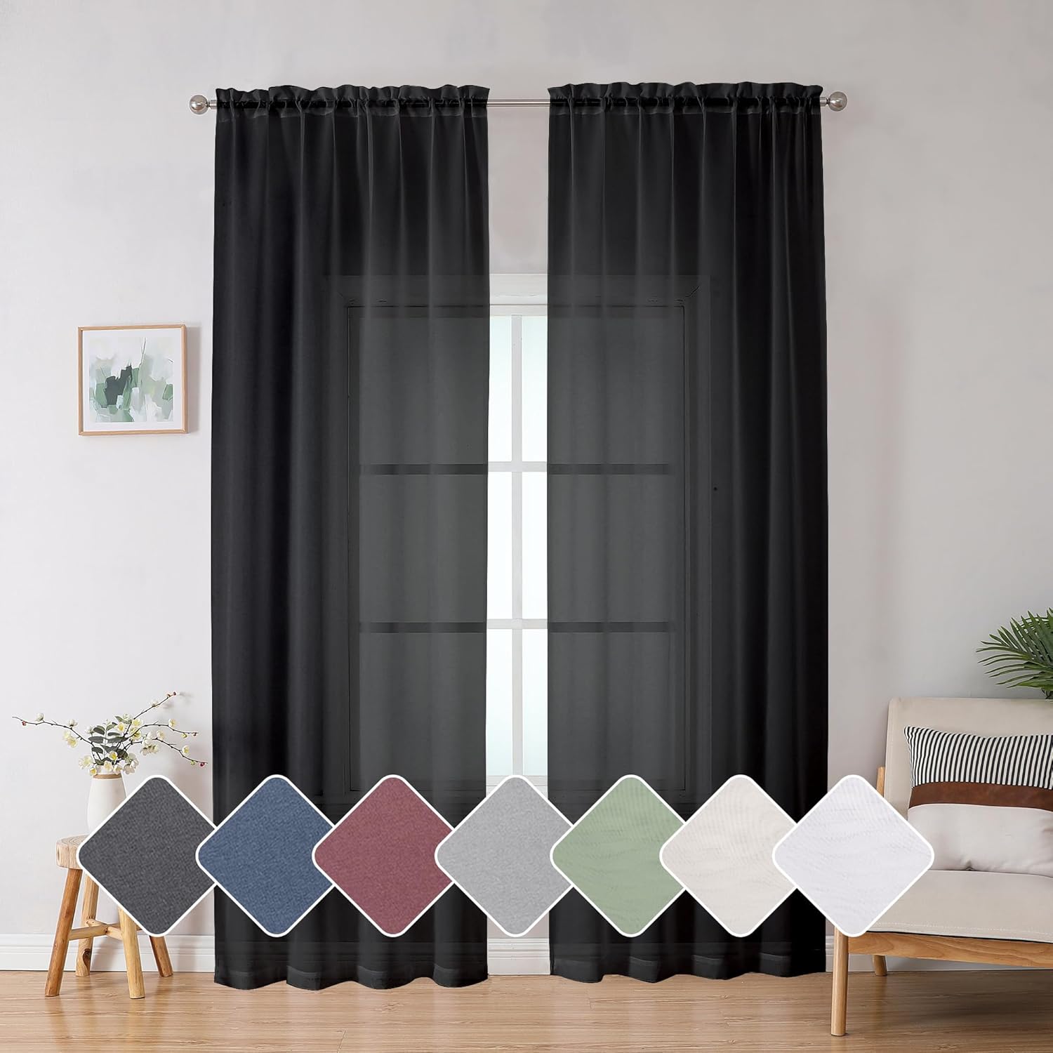 Window Treatments - Simplebrand Black Sheer Curtains 84 Inches Long, Light Filtering Rod Pocket Solid Color Window Sheer Curtain Panels, Elegant Curtains & Drapes for Living Room, Bedroom 2 Panels (Black, 42