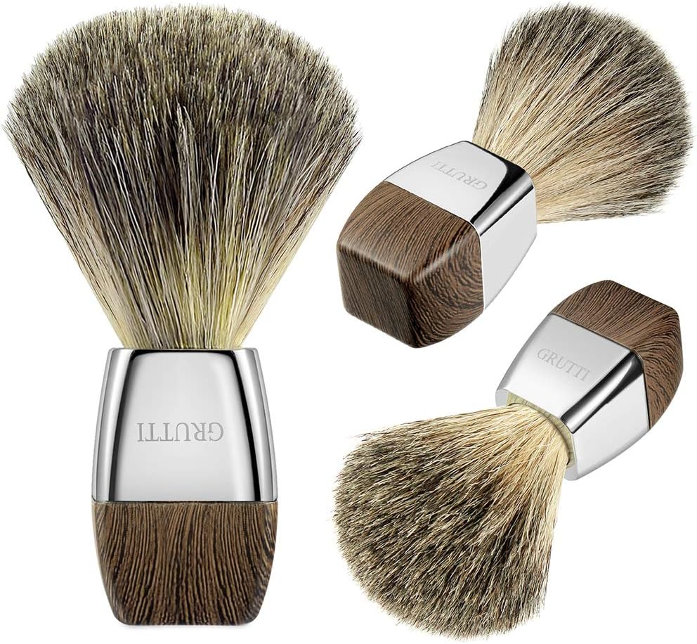 GRUTTI Shaving Brush, 100% Pure Badger Hair Shaving Brush for Men's Wet Shaving Gift idea- Imitation Wood Grain