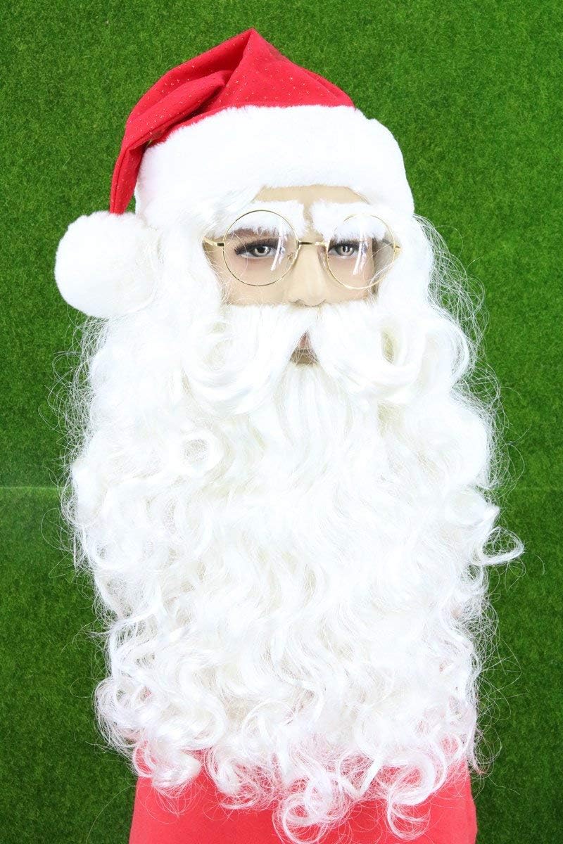 LeMarnia Santa Claus Wig with Beard and Hat White Long Curly Hair Christmas Costume Wig