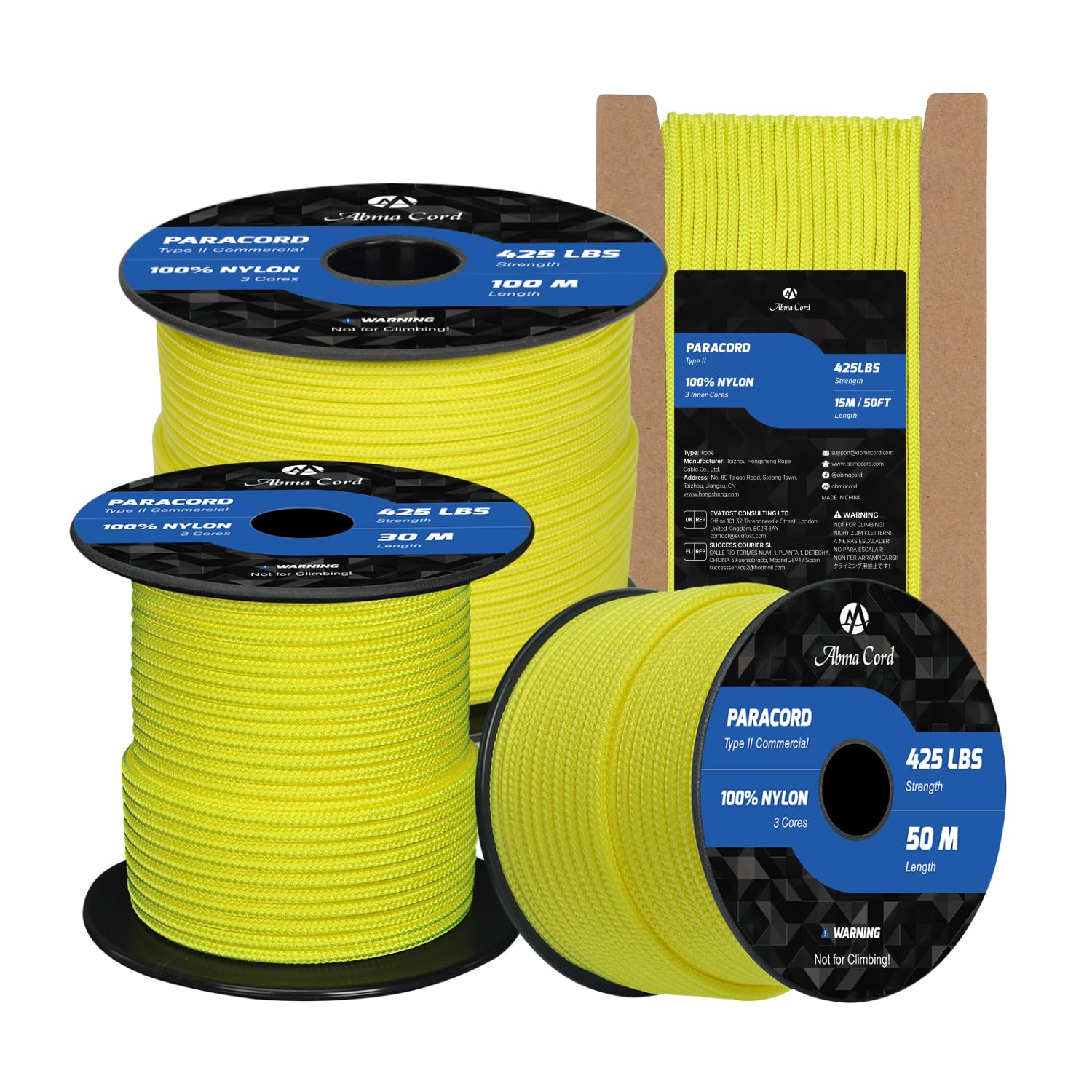 Abma Cord Paracord 3mm 100m 100% Nylon Rope Type II 3 Strands Parachute Cord - Max. 192kg (425lbs) - Neon Yellow