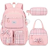 Bevalsa Backpack for Gilrs, School Bags for Kids with Lunch Bag & Pen Case, Bow Plaid Bookbag for Girls Children Teens for Elementary Middle High school College Student with USB Charging Port