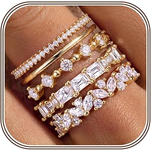 PATISORNA 14K Gold Filled Stackable Rings for Women Non Tarnish - Dainty Cubic Zirconia Wedding Bands Ring Set Minimalist Tre