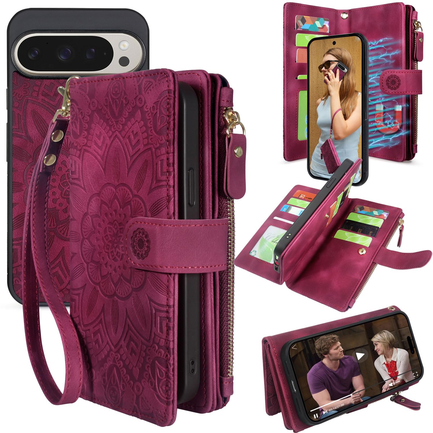 Photo 1 of Harryshell Detachable Wallet Leather Case Compatible with Google Pixel 9 Pro XL 6.8" / 10 Pro XL Magnetic Phone Case Zipper with Cash Coin Pocket Multi Card Slot Wrist Strap Lanyard (Flower Wine Red)