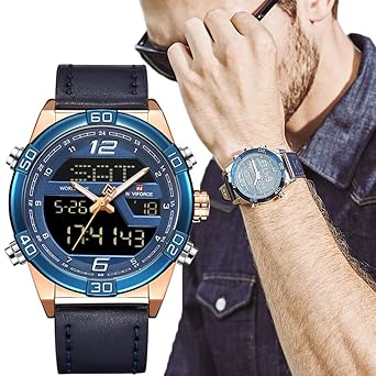 NAVIFORCE Analog Digital Watch Men Sport Dual Display Military Waterproof Chronograph Quartz Leather Blue Wristwatch