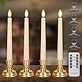 FPOO Flameless Taper Candles Flickering with Remote Timer, 4PCS Battery Operated Window Candles with Gold Candlesticks and Suction Cups, 8 Inch Warm White 3D Flame Candle for Home Xmas Decor(Ivory)