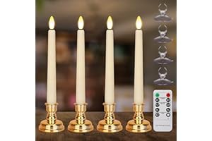 FPOO Flameless Taper Candles Flickering with Remote Timer, 4PCS Battery Operated Window Candles with Gold Candlesticks and Suction Cups, 8 Inch Warm White 3D Flame Candle for Home Xmas Decor(Ivory)