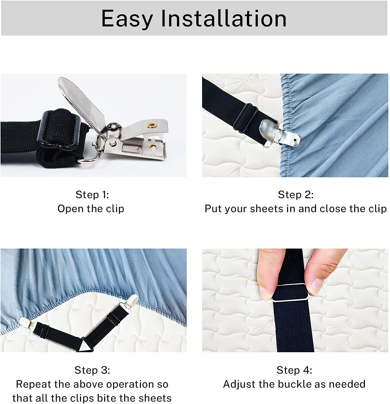 Sheet Straps Elastic Crisscross Bed Sheet Fasteners Suspenders, 6 Way Black Adjustable Bed Sheet Holder Straps, Fitted Sheet Clips for Full, Queen, King Twin Bed (6 in 1 Belt with 12 Clips): Home & Kitchen