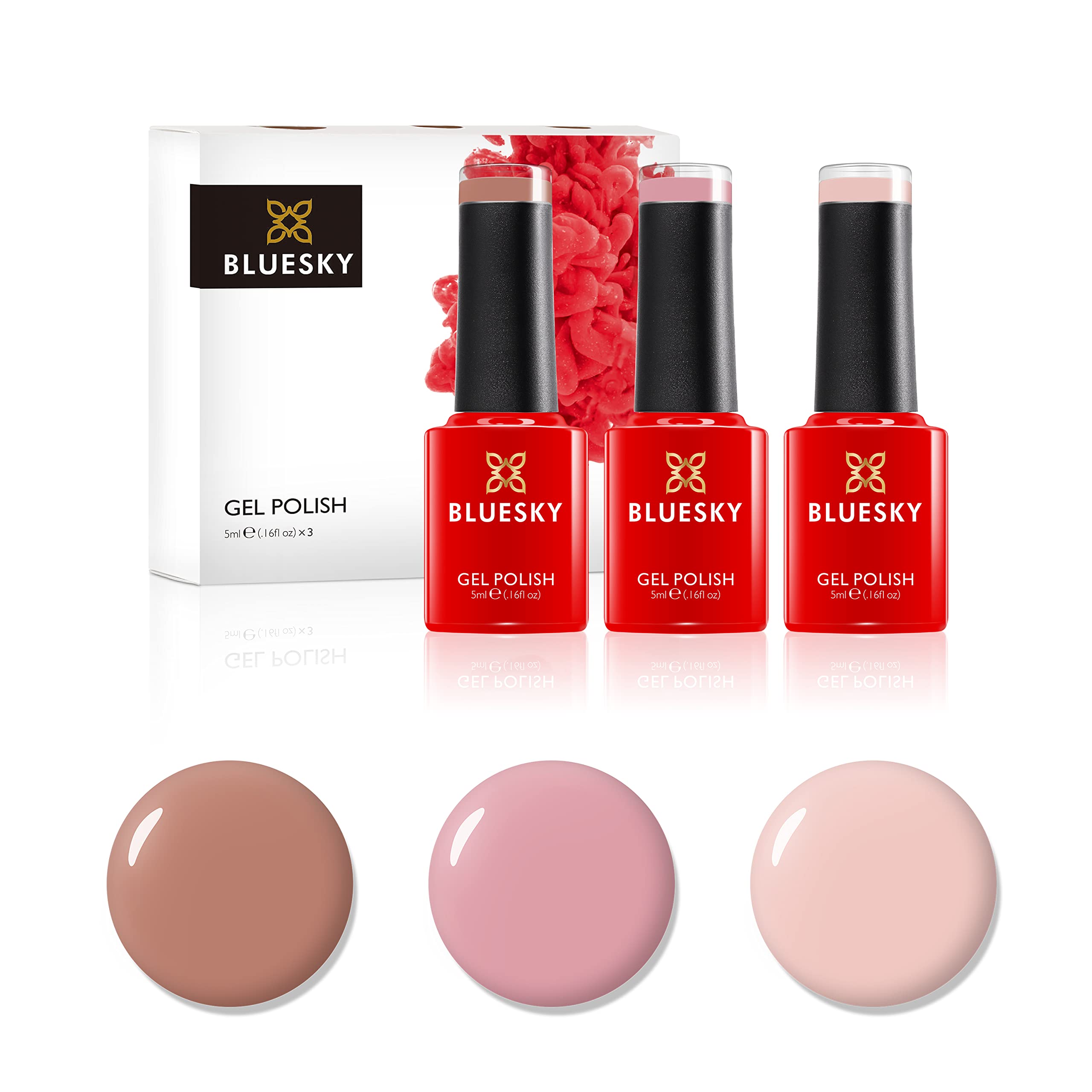 Bluesky Gel Nail Polish Set, Natural Nudes, Cocoa 80514, Soft Pink A055, Pink Pursuit 80623, 3 x 5 ml, Nude, Pink, Brown, Tan (Requires Curing Under UV or LED Lamp)