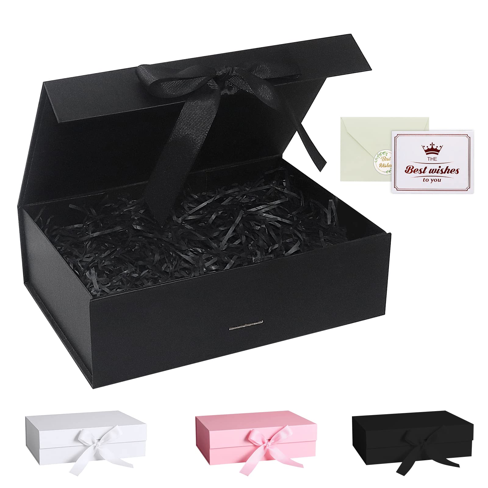 Black Gift Box, Luxury Magnetic Gift Box with Lid Ribbon Greeting Card Shredded Paper, Gift Packaging Box for Present Birthday Wedding Anniversary Festival