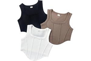3-Pack Girls Crop Tank Tops Square Neck Sleeveless Workout Tshirt Dance Outfits for Kids 8-14 Years