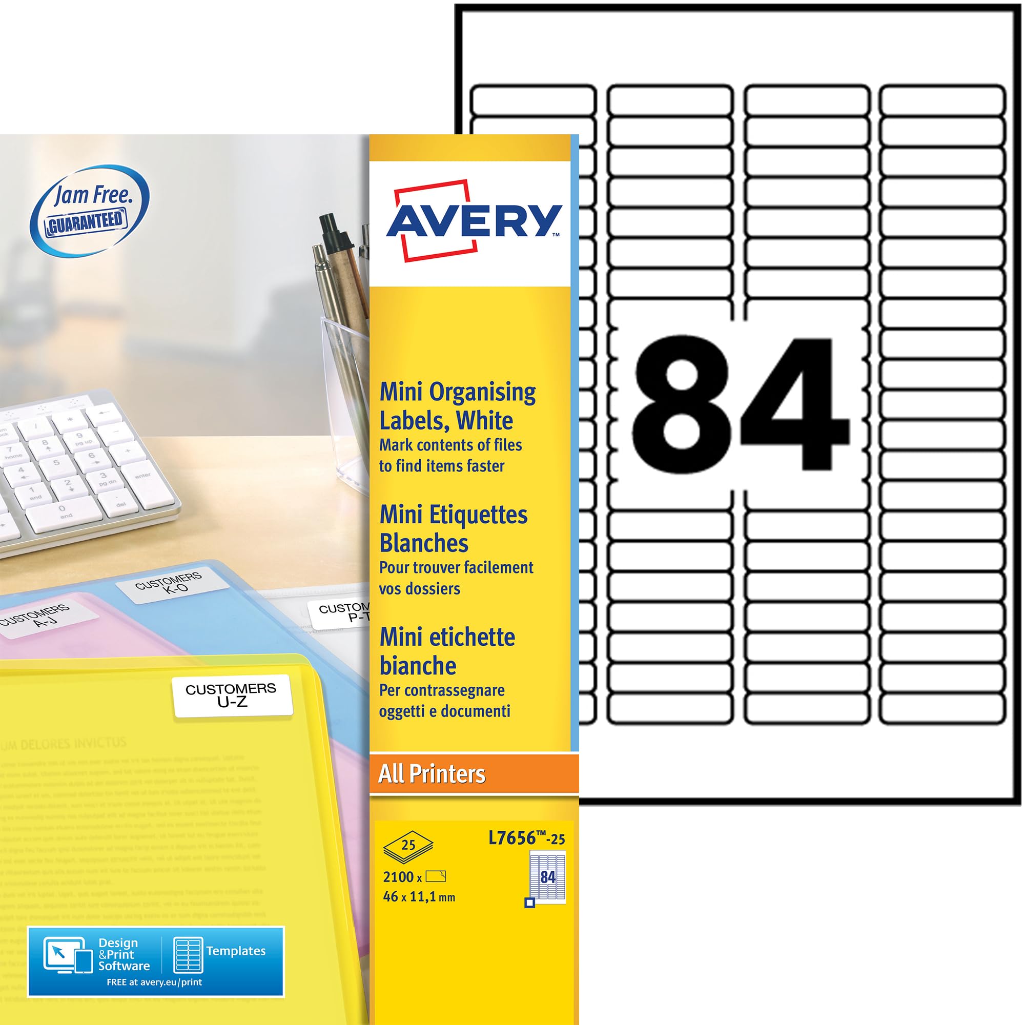AVERY - L7656-25 - 2100 Mini Adhesive Personalised Labels White. 46 x 11.1 mm. Laser Printing