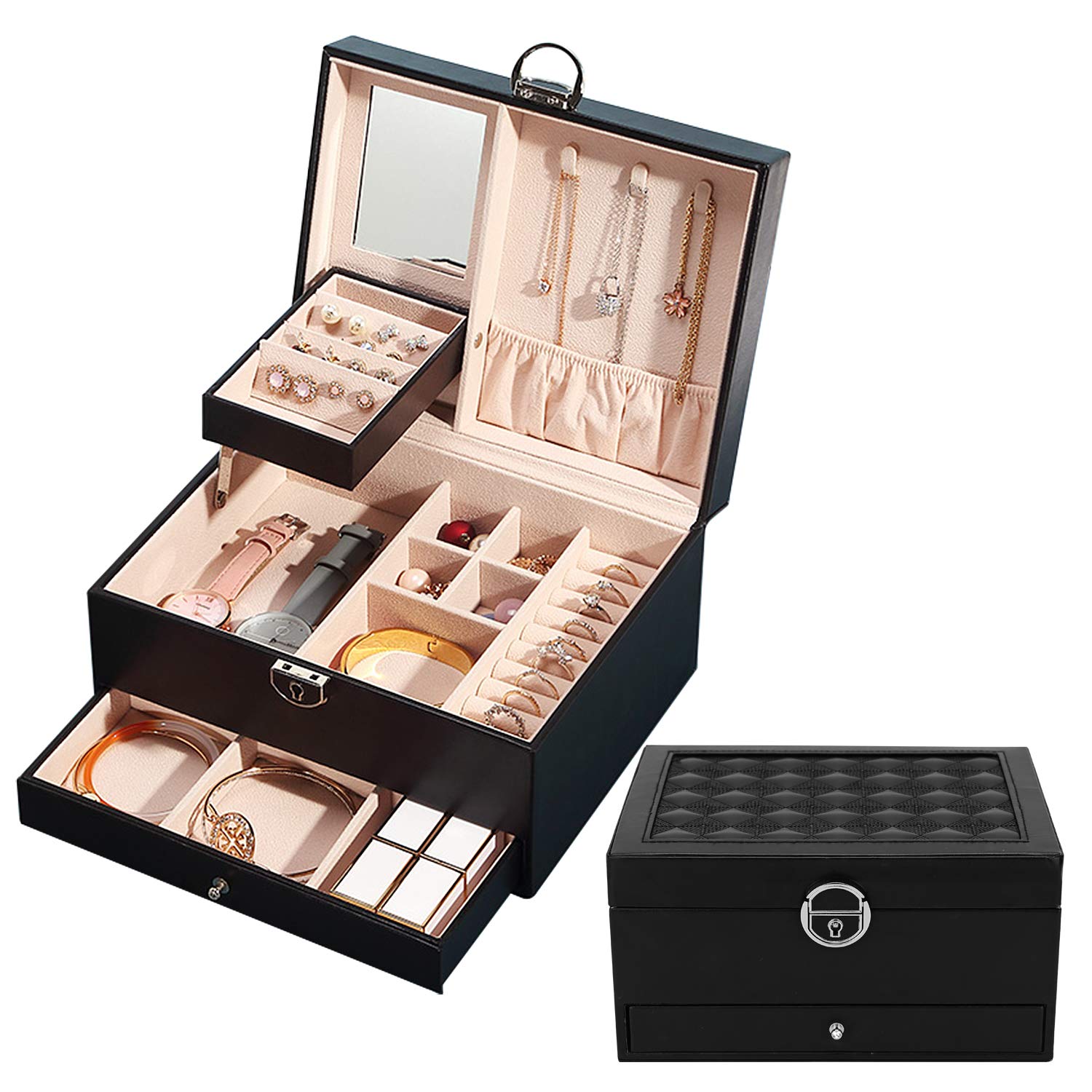 Podazz Jewelry Organizer, 2 Layers Large Jewelry Organizer with Drawer and Mirror, Faux Leather Ring Necklace Watch Jewelry Box with Lock Xmas Mother's Day Birthday Gift for Women Girls (Black)