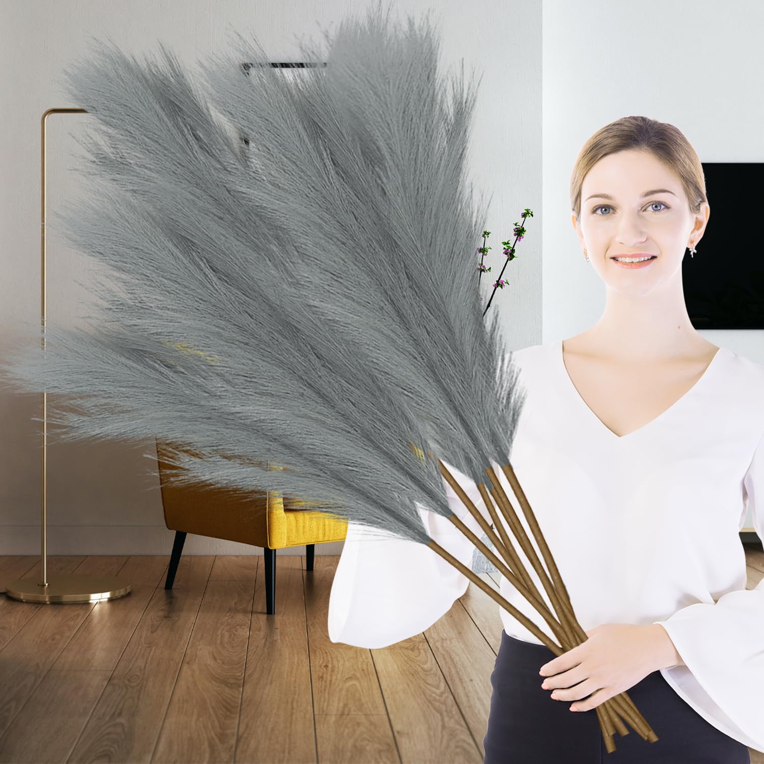 Lighterday 6 Pcs Pampas Grass Artificial 43"/110cm Large Tall Fluffy Faux Pampas Grass for Wedding Living Room Bedroom Boho Home Decor (Grey)
