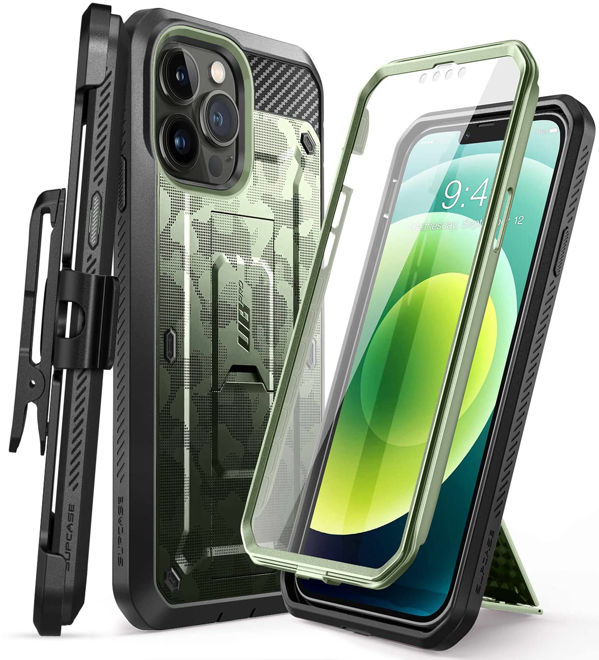 SUPCASE for iPhone 13 Pro Max Case with Screen Protector (Unicorn Beetle Pro), [Built-in Stand & Belt Clip] Heavy Duty Full-Body Rugged Kickstand Protective Phone Case for iPhone 13 Pro Max, CamoGrass