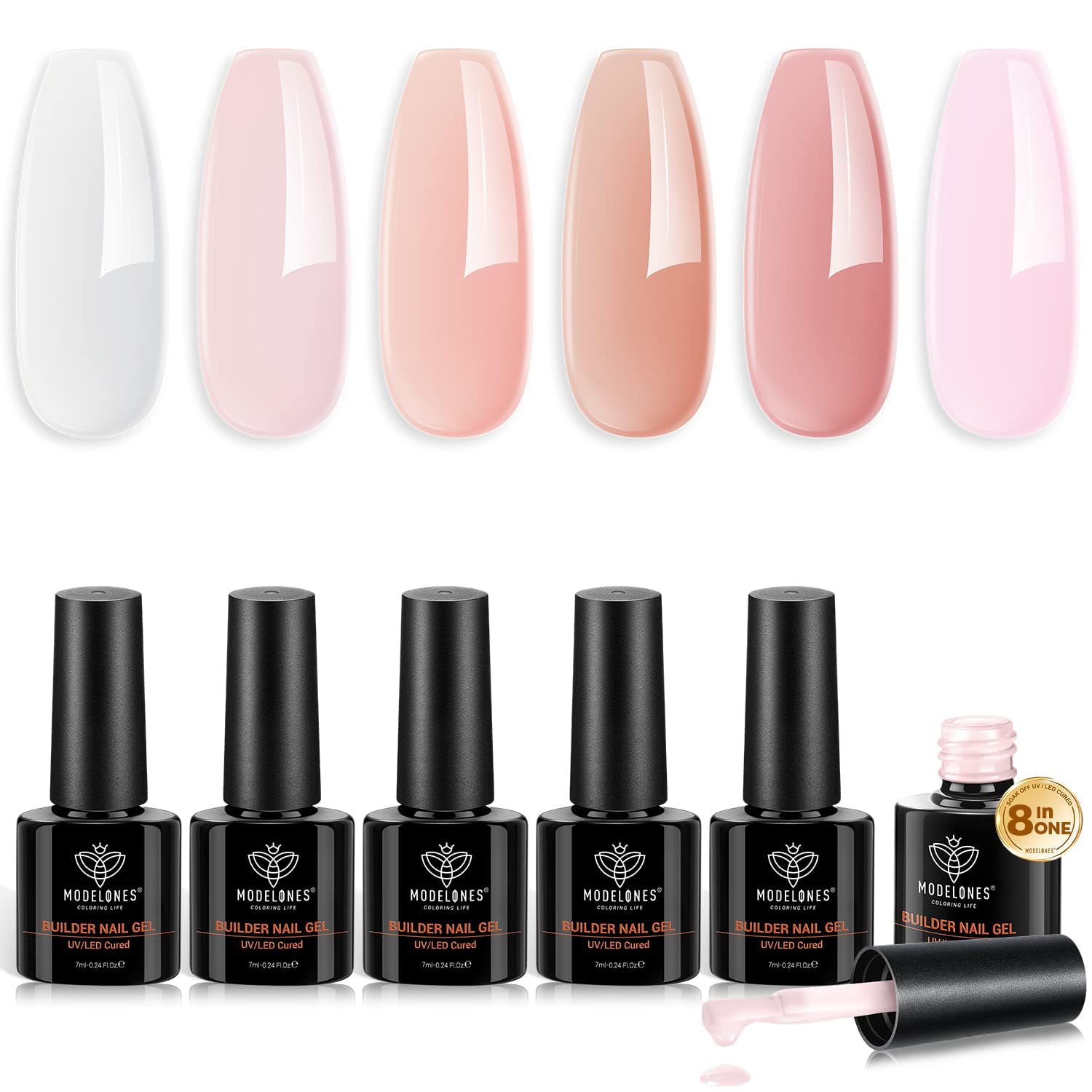 modelones Builder Nail Gel Set, 6 Colors 8-in-One, Jelly Nude Pink Hard Builder Base Gel in a Bottle Nails Polish Strengthener Extension LED Nail Lamp Cured Color