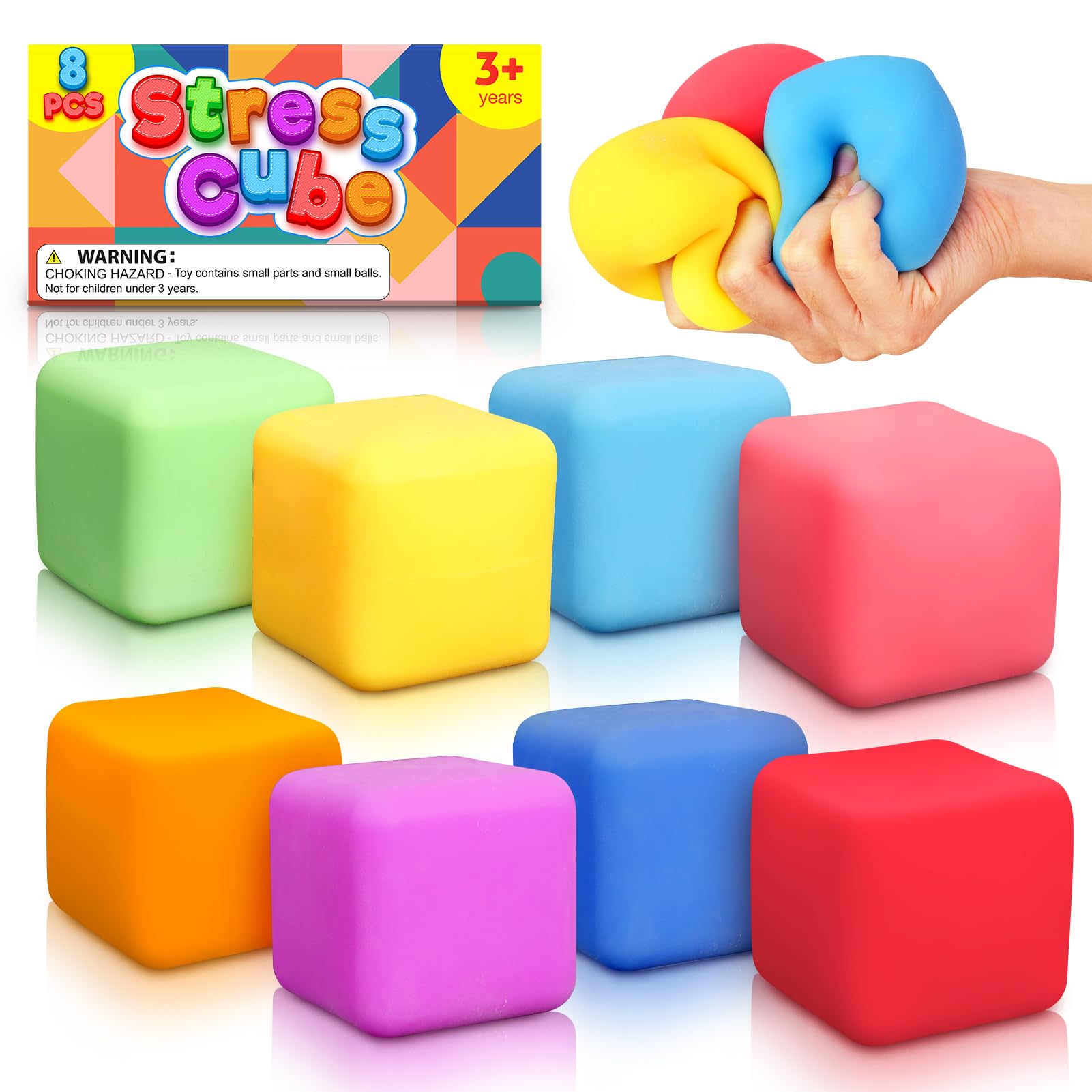 Squishy Fidget Toys for Kids, 8Pcs Dough Stress Cube for Stress Relief, Pull Stretch Sensory Squeeze Toys, Classroom Prize Box Toys, Easter Basket Stuffers for Boys