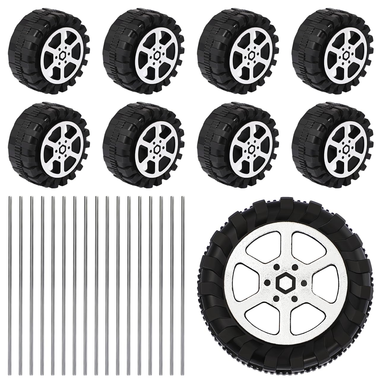 Toy Wheels and Axles, 50PCS RC Car Tires 1.6 inch Rubber Wheel Tire with 25pcs Metal Shaft Round Rod Axles Fit for 2MM Shaft for DIY RC Car Truck Robot Model Replacement Accessories