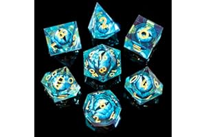 YEMEKO Beholder'S Eye DND Dice- Dragon Eye Liquid Core Sharp Edge Handmade Dice Set for Dungeons and Dragons Ttrpg, Multi-Sided Rpg Polyhedral Resin Roleplaying （Blue Dragon Eyes）