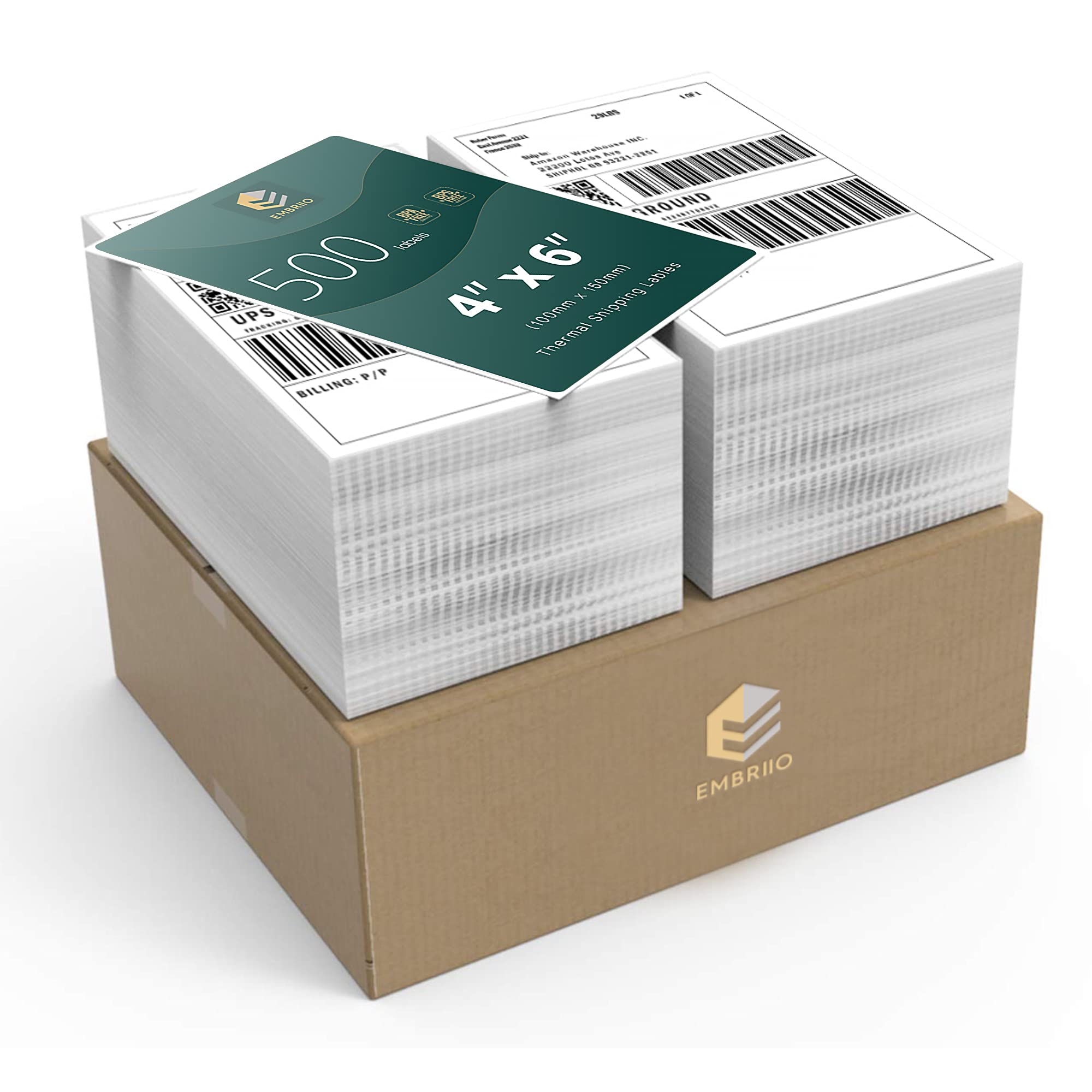 EMBRIIO Set of 2 Rolls, 1,000 Fanfold Direct Thermal White Labels (4" by 6") Address & Shipping Labels Compatible with GP-2024D and Toshiba Citizen Eltron Orion Label Maker Printers, 100 mm x 150 mm