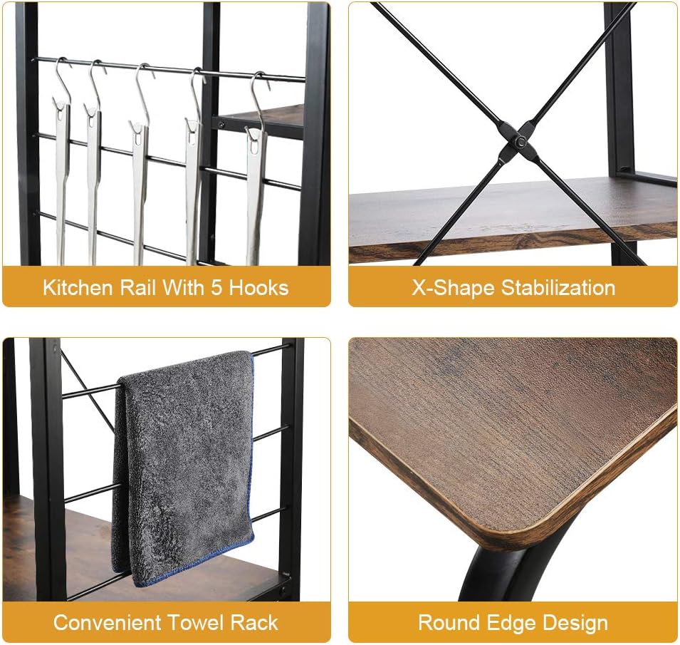 VANSPACE Indusrial Kitchen Baker's Rack Utility Storage Shelf Microwave Stand 4-Tier + 3-Tier Kitchen Storage Cart Table for Spice Rack Organizer Workstation with 5 Hooks - 35.5" Vintage Brown - Standing Baker's Racks